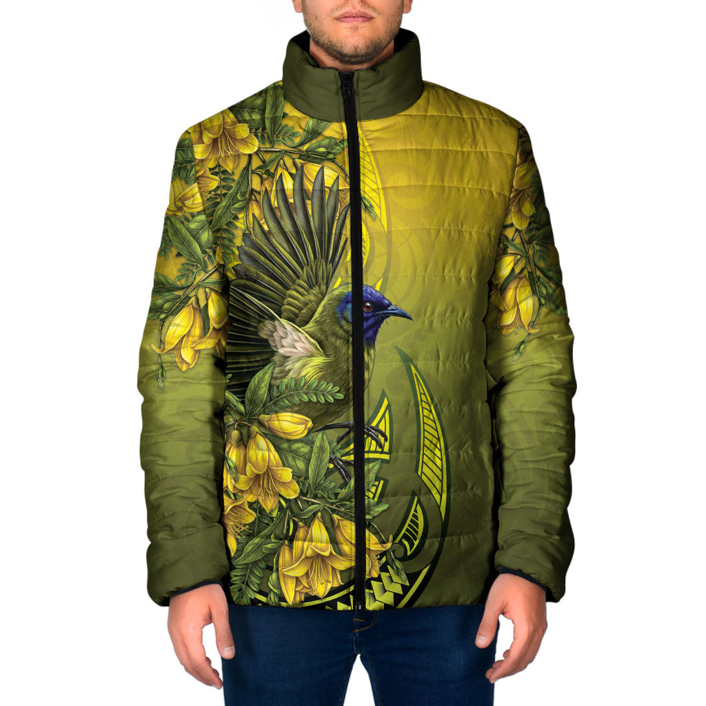 New Zealand Bellbird Padded Jacket With Kowhai Flowers
