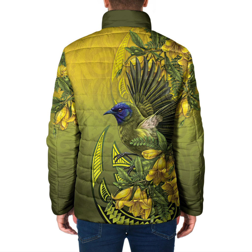New Zealand Bellbird Padded Jacket With Kowhai Flowers