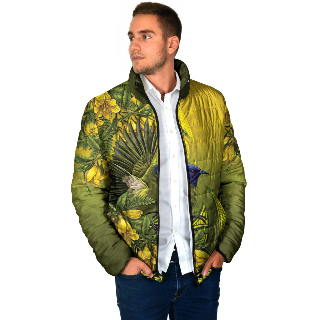 New Zealand Bellbird Padded Jacket With Kowhai Flowers