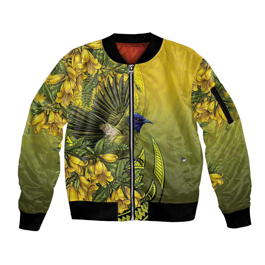 New Zealand Bellbird Sleeve Zip Bomber Jacket With Kowhai Flowers LT05 Unisex Yellow - Polynesian Pride