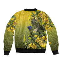 New Zealand Bellbird Sleeve Zip Bomber Jacket With Kowhai Flowers LT05 - Polynesian Pride