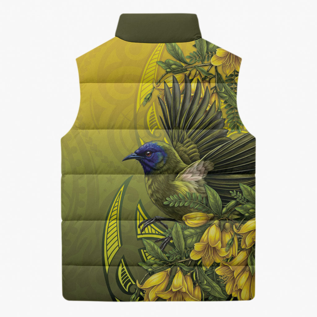 New Zealand Bellbird Sleeveless Puffer Jacket With Kowhai Flowers LT05 - Polynesian Pride