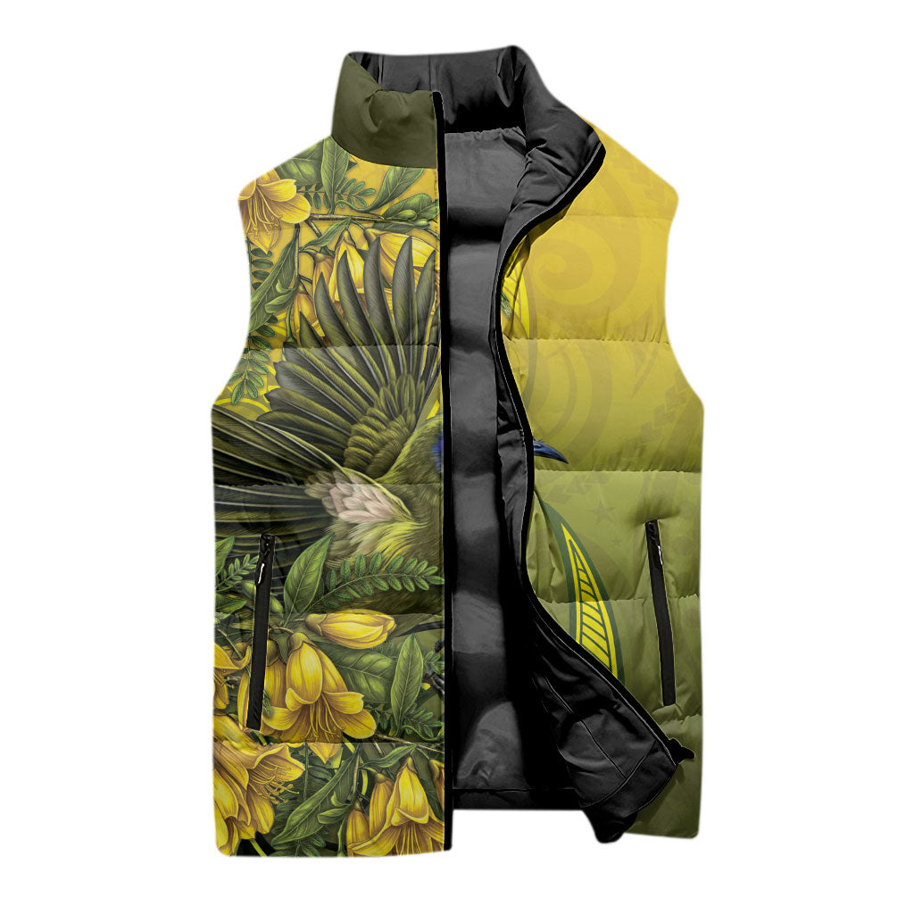 New Zealand Bellbird Sleeveless Puffer Jacket With Kowhai Flowers LT05 - Polynesian Pride