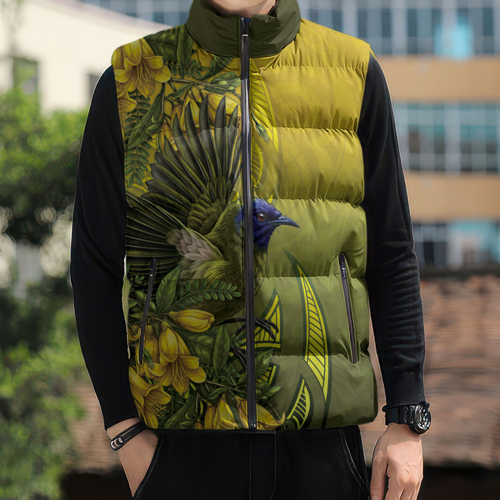 New Zealand Bellbird Sleeveless Puffer Jacket With Kowhai Flowers LT05 - Polynesian Pride