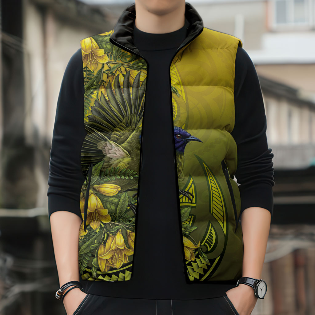 New Zealand Bellbird Sleeveless Puffer Jacket With Kowhai Flowers LT05 - Polynesian Pride