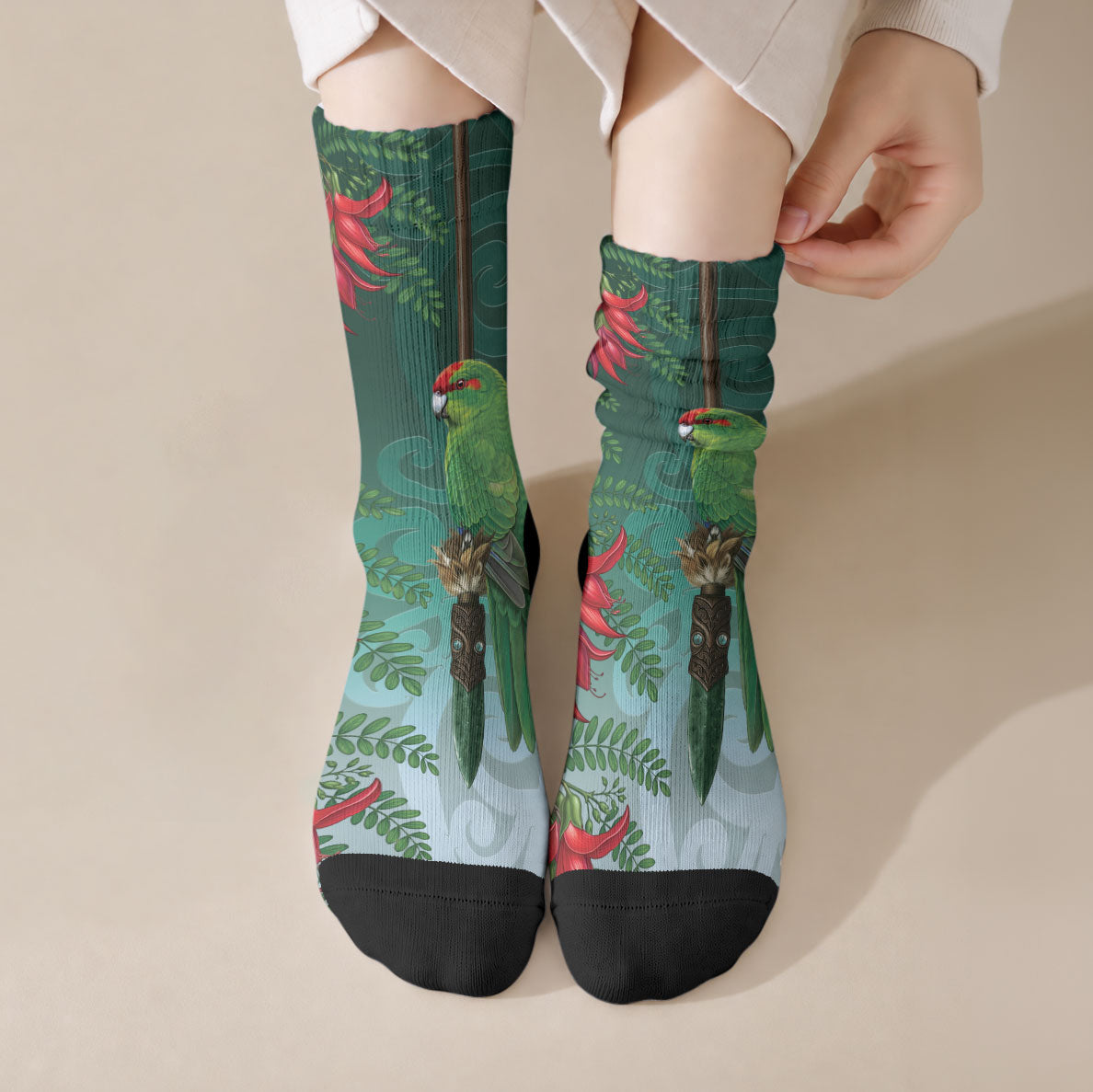 New Zealand Parakeet Bird Crew Socks With Kakabeak Flowers LT05 Crew Socks Teal - Polynesian Pride