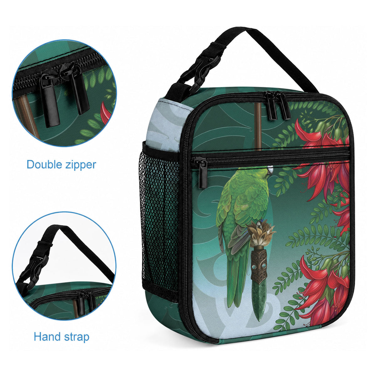 New Zealand Parakeet Bird Lunch Bag With Kakabeak Flowers LT05 - Polynesian Pride