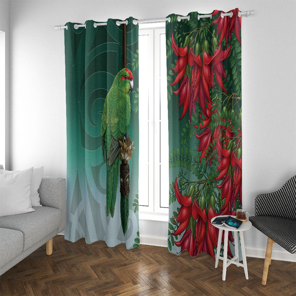 New Zealand Parakeet Bird Window Curtain With Kakabeak Flowers LT05 With Grommets Teal - Polynesian Pride