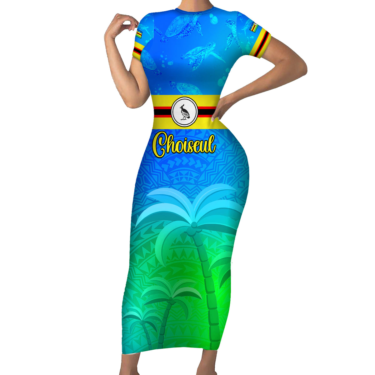 Personalised Solomon Islands Choiseul Province Day Family Matching Short Sleeve Bodycon Dress and Hawaiian Shirt Sea Turtle Tribal Pattern LT05 Mom's Dress Blue - Polynesian Pride