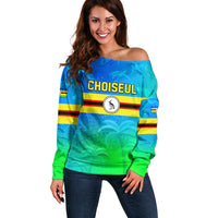 Personalised Solomon Islands Choiseul Province Day Off Shoulder Sweater Sea Turtle Tribal Pattern LT05 Women Blue - Polynesian Pride