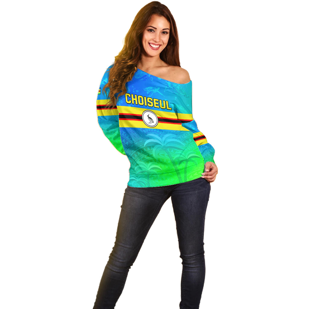 Personalised Solomon Islands Choiseul Province Day Off Shoulder Sweater Sea Turtle Tribal Pattern LT05 - Polynesian Pride