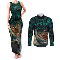 Personalised New Zealand Tamaki Herenga Waka Festival Couples Matching Tank Maxi Dress and Long Sleeve Button Shirt Maori Pattern LT05 Dark Turquoise - Polynesian Pride