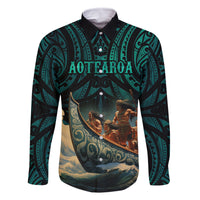 Personalised New Zealand Tamaki Herenga Waka Festival Family Matching Off Shoulder Maxi Dress and Hawaiian Shirt Maori Pattern LT05 Dad's Shirt - Long Sleeve Dark Turquoise - Polynesian Pride