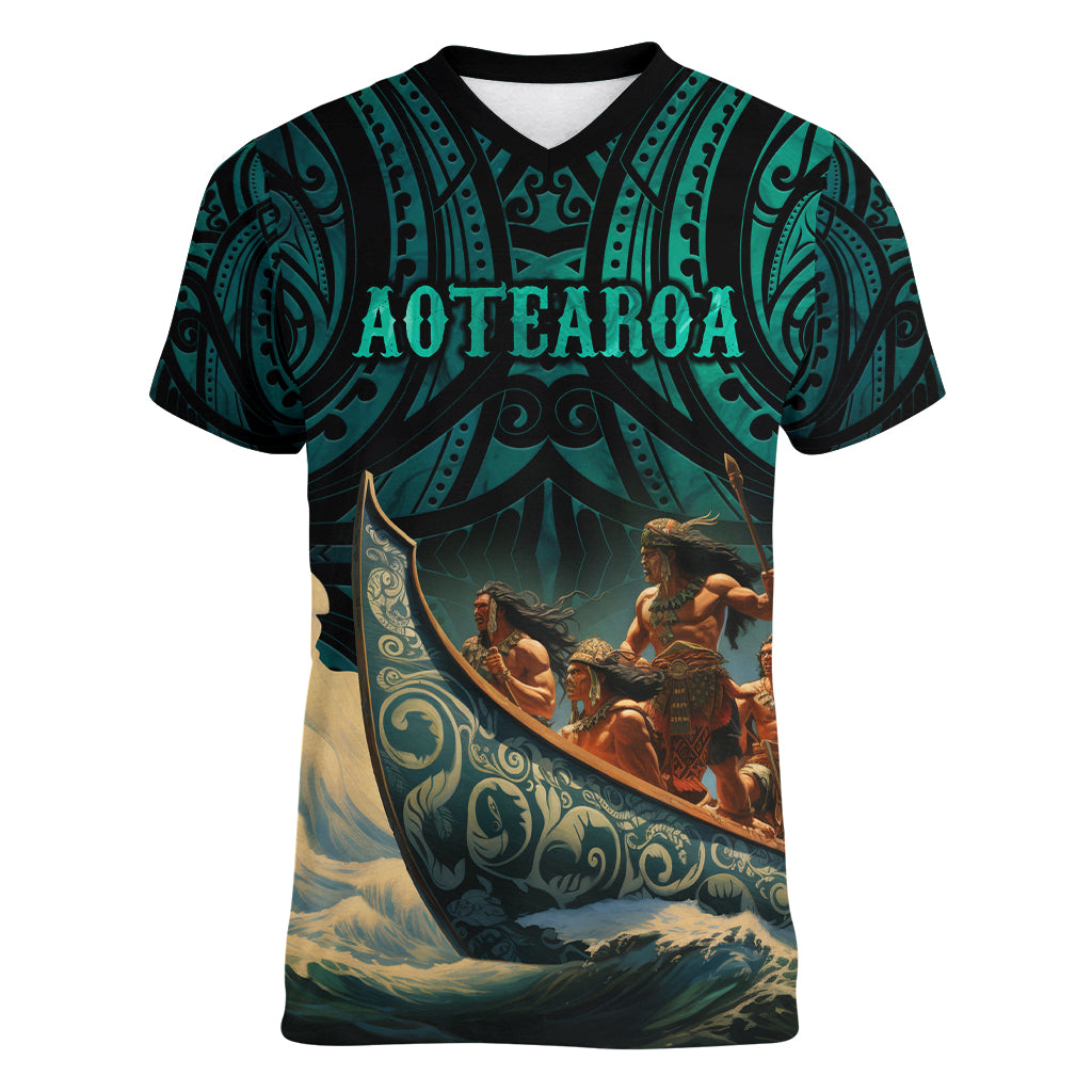 Personalised New Zealand Tamaki Herenga Waka Festival Women V Neck T Shirt Maori Pattern LT05 Female Dark Turquoise - Polynesian Pride