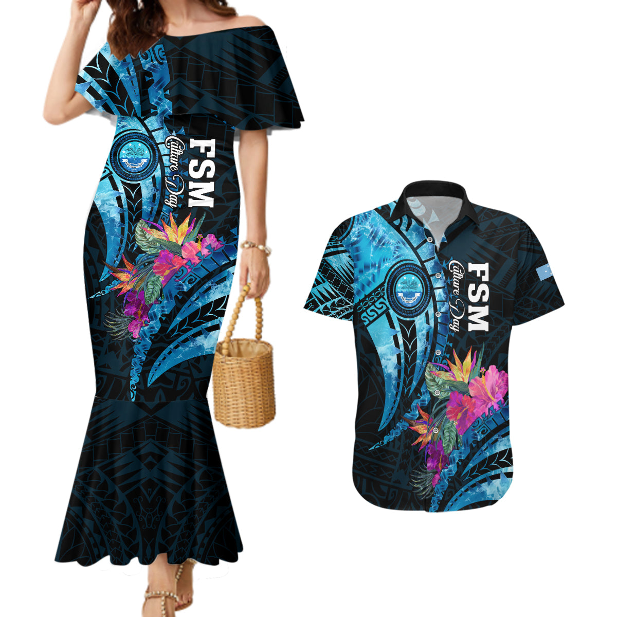 Personalised FSM Culture Day Couples Matching Mermaid Dress and Hawaiian Shirt Tropical Flowers Tribal Pattern LT05 Blue - Polynesian Pride