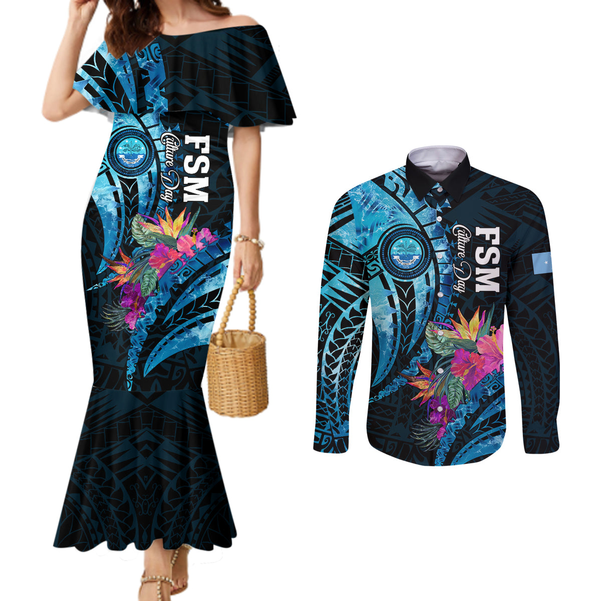 Personalised FSM Culture Day Couples Matching Mermaid Dress and Long Sleeve Button Shirt Tropical Flowers Tribal Pattern LT05 Blue - Polynesian Pride