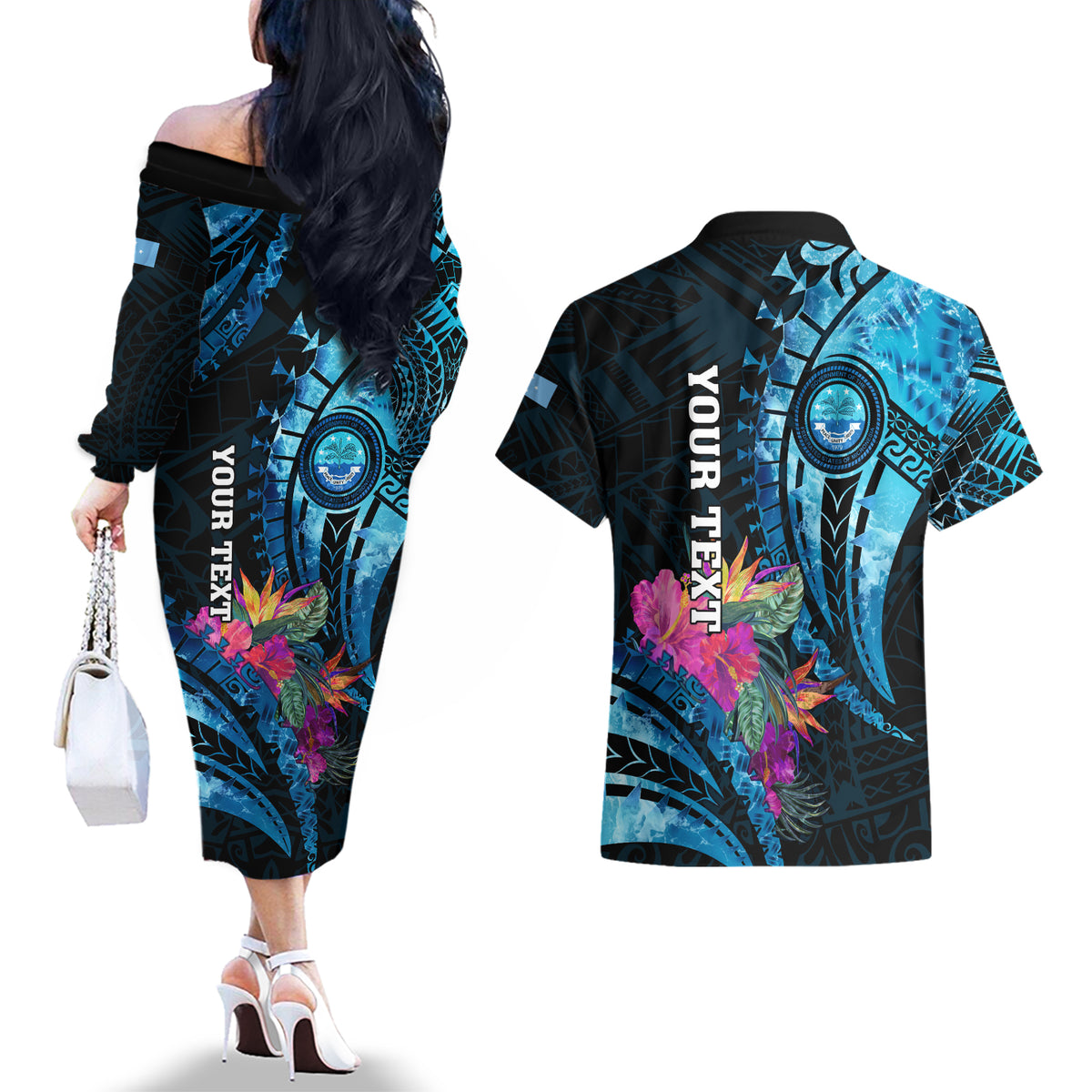 Personalised FSM Culture Day Couples Matching Off The Shoulder Long Sleeve Dress and Hawaiian Shirt Tropical Flowers Tribal Pattern LT05 - Polynesian Pride