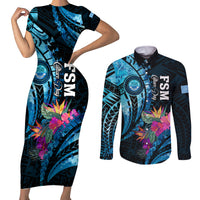 Personalised FSM Culture Day Couples Matching Short Sleeve Bodycon Dress and Long Sleeve Button Shirt Tropical Flowers Tribal Pattern LT05 Blue - Polynesian Pride