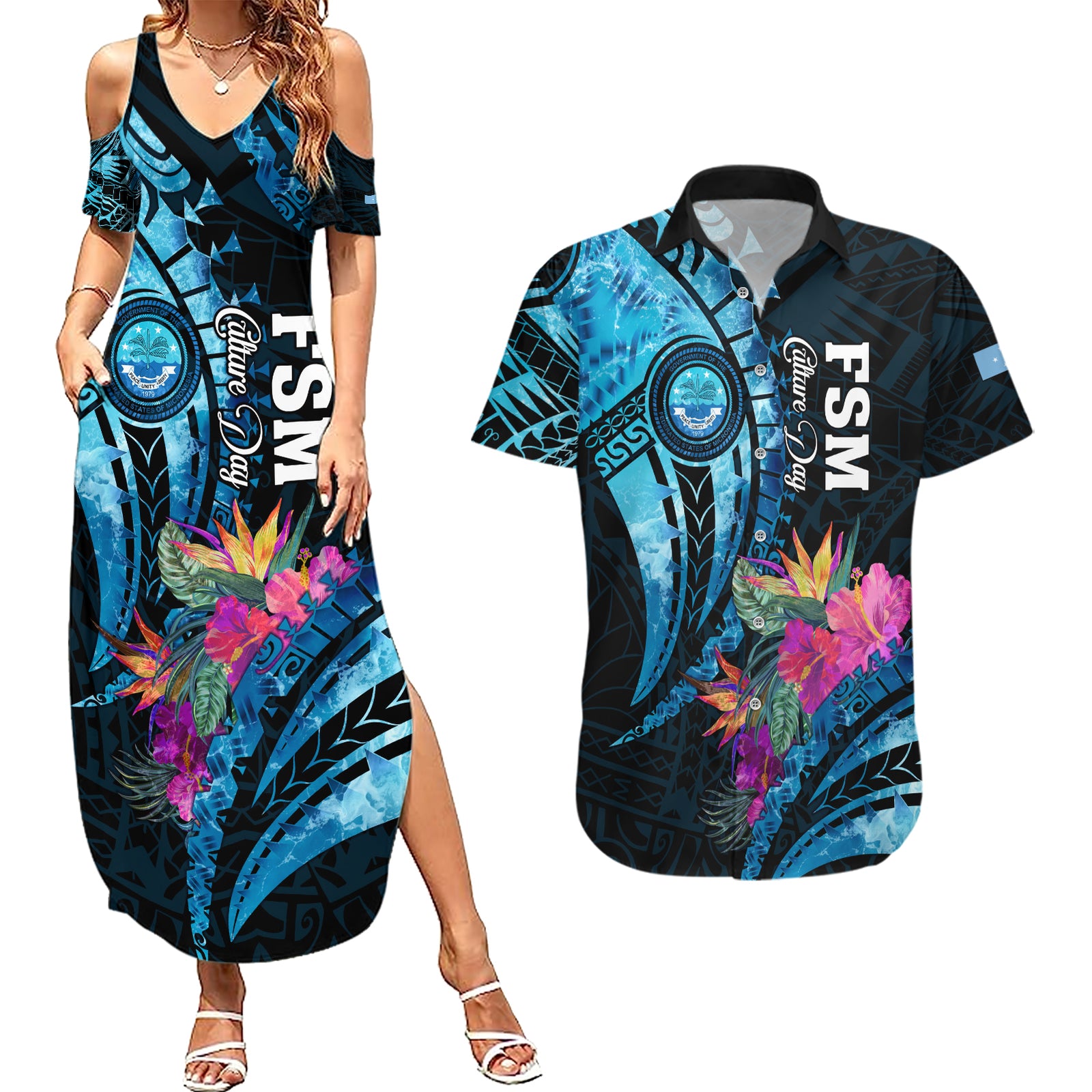 Personalised FSM Culture Day Couples Matching Summer Maxi Dress and Hawaiian Shirt Tropical Flowers Tribal Pattern LT05 Blue - Polynesian Pride