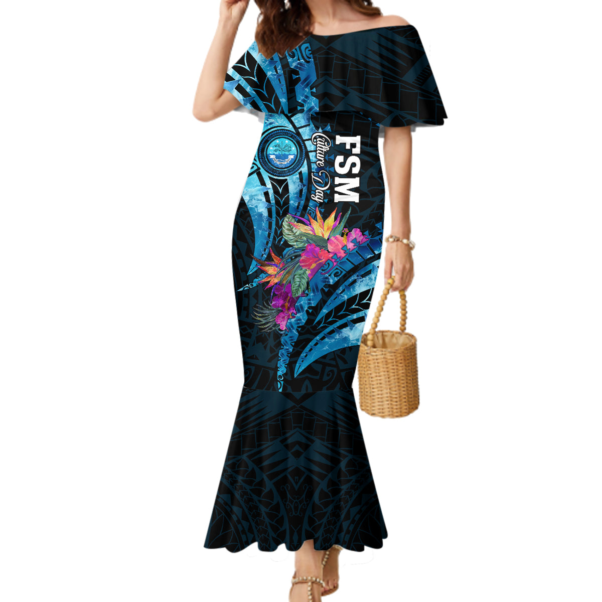 Personalised FSM Culture Day Family Matching Mermaid Dress and Hawaiian Shirt Tropical Flowers Tribal Pattern LT05 Mom's Dress Blue - Polynesian Pride