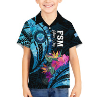 Personalised FSM Culture Day Family Matching Off Shoulder Maxi Dress and Hawaiian Shirt Tropical Flowers Tribal Pattern LT05 Son's Shirt Blue - Polynesian Pride
