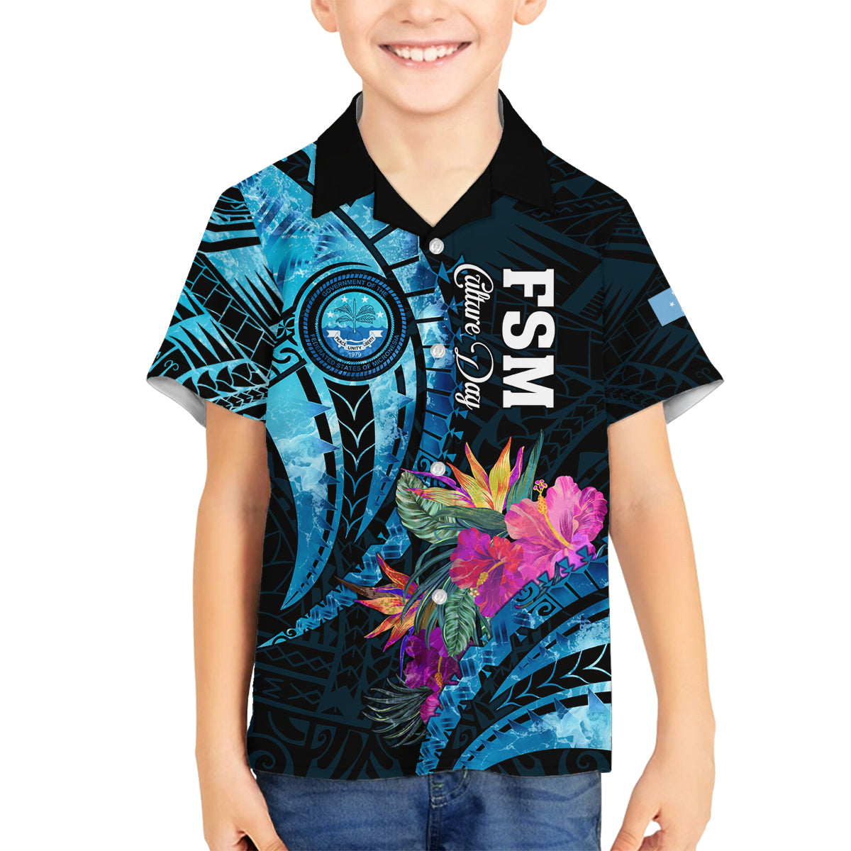 Personalised FSM Culture Day Family Matching Summer Maxi Dress and Hawaiian Shirt Tropical Flowers Tribal Pattern LT05 Son's Shirt Blue - Polynesian Pride