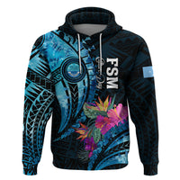Personalised FSM Culture Day Zip Hoodie Tropical Flowers Tribal Pattern LT05 Pullover Hoodie Blue - Polynesian Pride