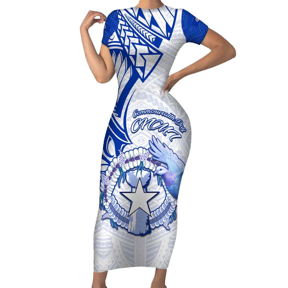 Personalised Northern Mariana Islands Commonwealth Day Family Matching Short Sleeve Bodycon Dress and Hawaiian Shirt Simple Style LT05 Mom's Dress Blue - Polynesian Pride