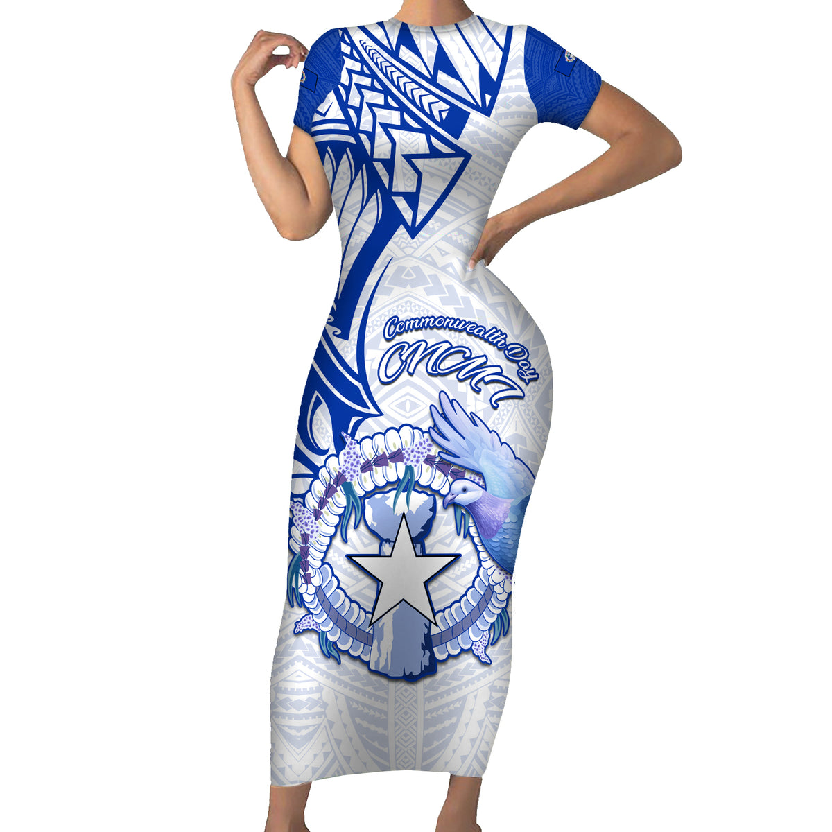 Personalised Northern Mariana Islands Commonwealth Day Short Sleeve Bodycon Dress Simple Style LT05 Long Dress Blue - Polynesian Pride