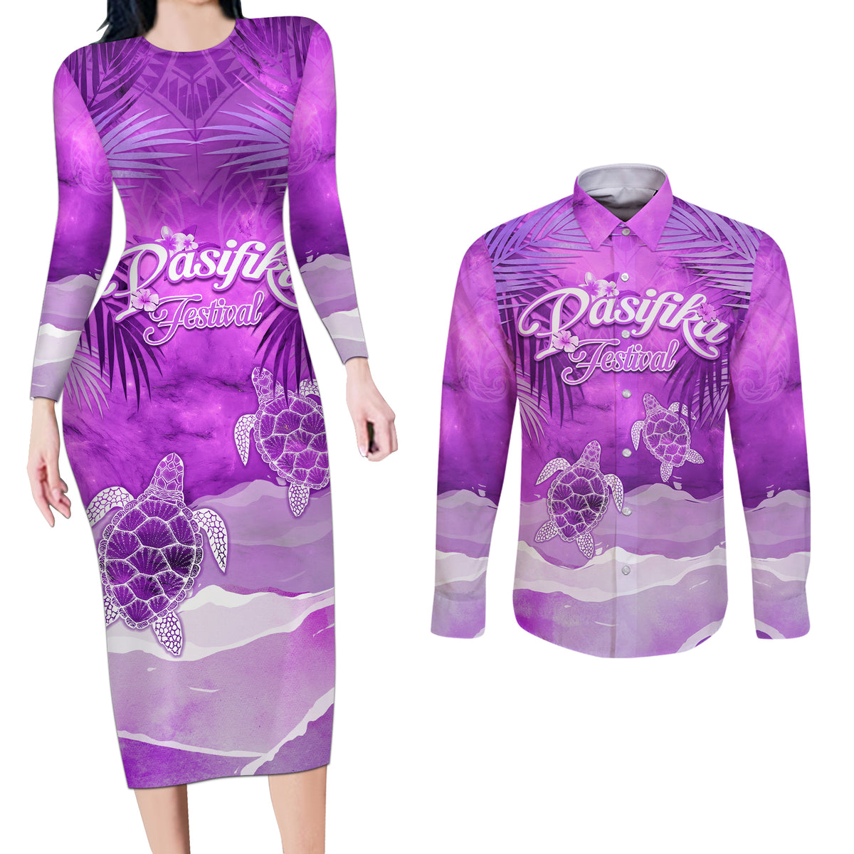 Personalised Pasifika Festival Couples Matching Long Sleeve Bodycon Dress and Long Sleeve Button Shirt Violet Tropical Turtle LT05 Violet - Polynesian Pride