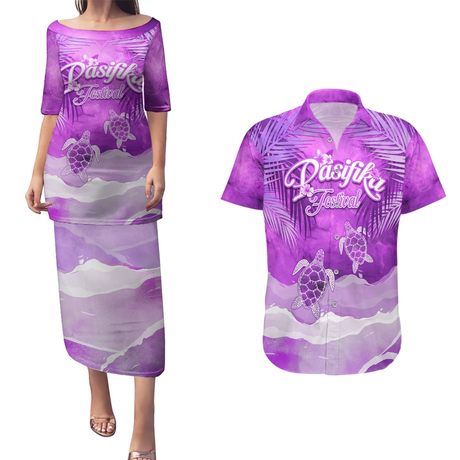 Personalised Pasifika Festival Couples Matching Puletasi and Hawaiian Shirt Violet Tropical Turtle LT05 Violet - Polynesian Pride