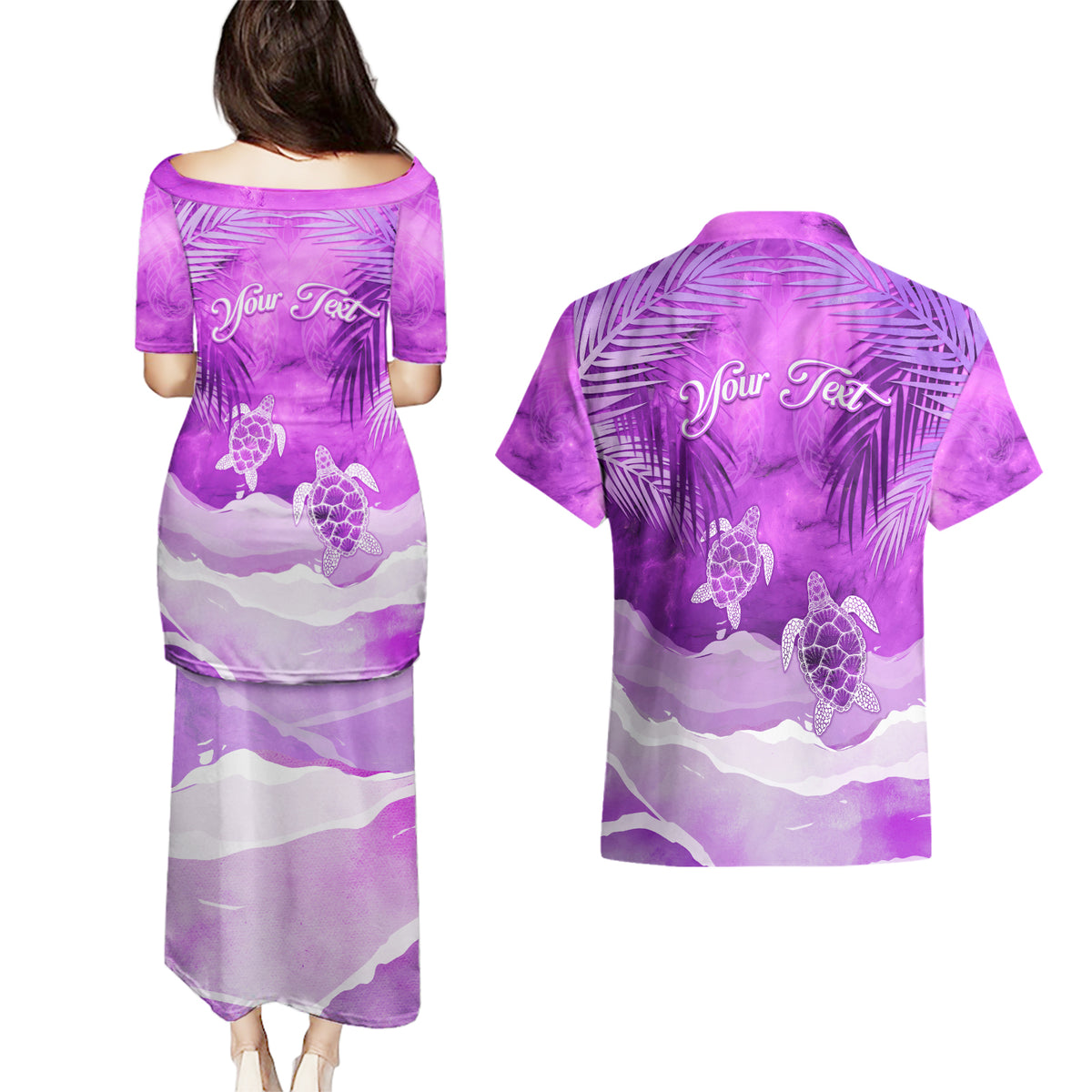 Personalised Pasifika Festival Couples Matching Puletasi and Hawaiian Shirt Violet Tropical Turtle LT05 - Polynesian Pride