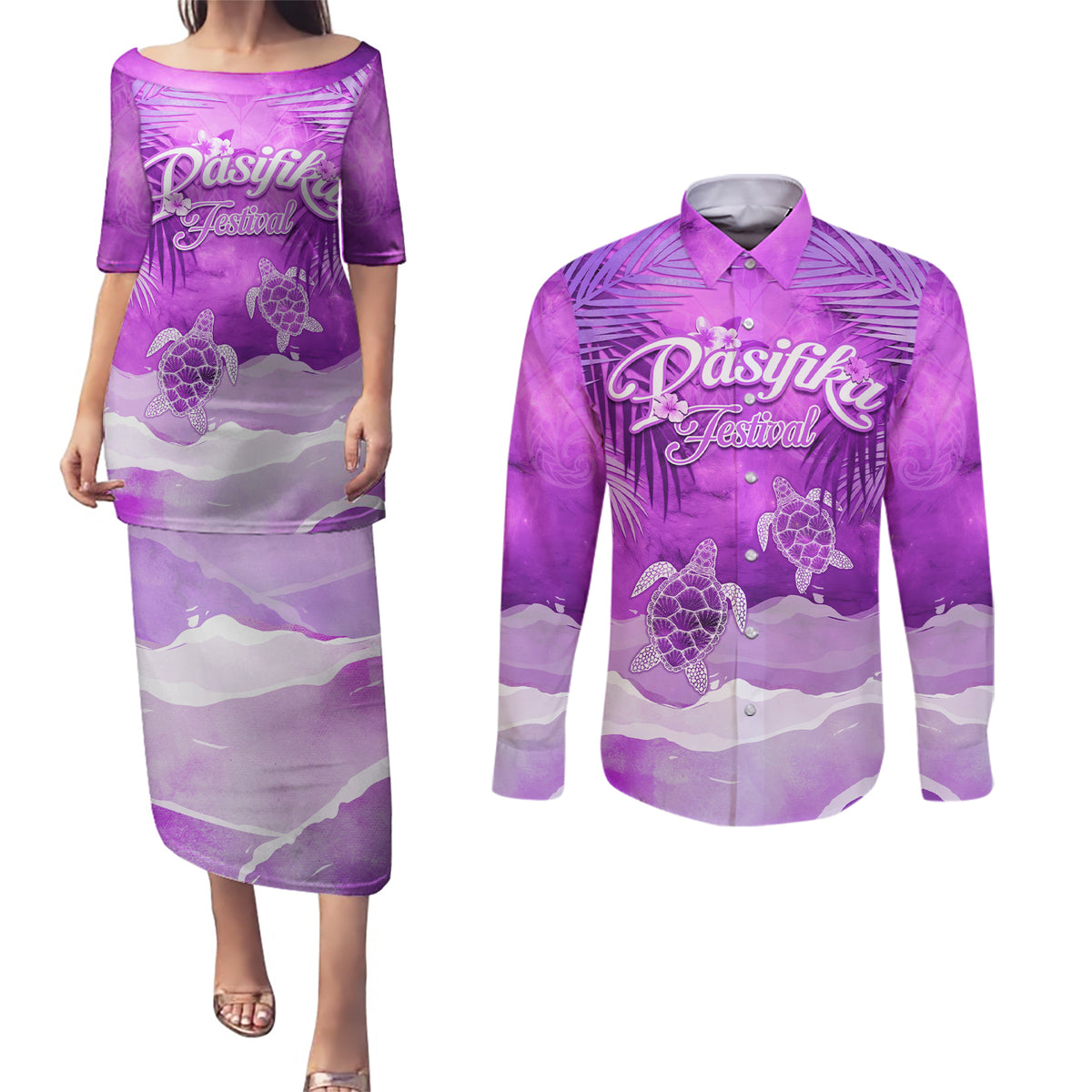 Personalised Pasifika Festival Couples Matching Puletasi and Long Sleeve Button Shirt Violet Tropical Turtle LT05 Violet - Polynesian Pride