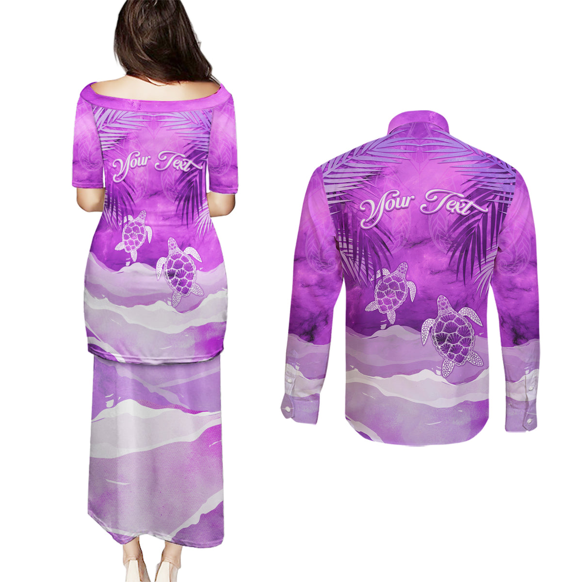 Personalised Pasifika Festival Couples Matching Puletasi and Long Sleeve Button Shirt Violet Tropical Turtle LT05 - Polynesian Pride