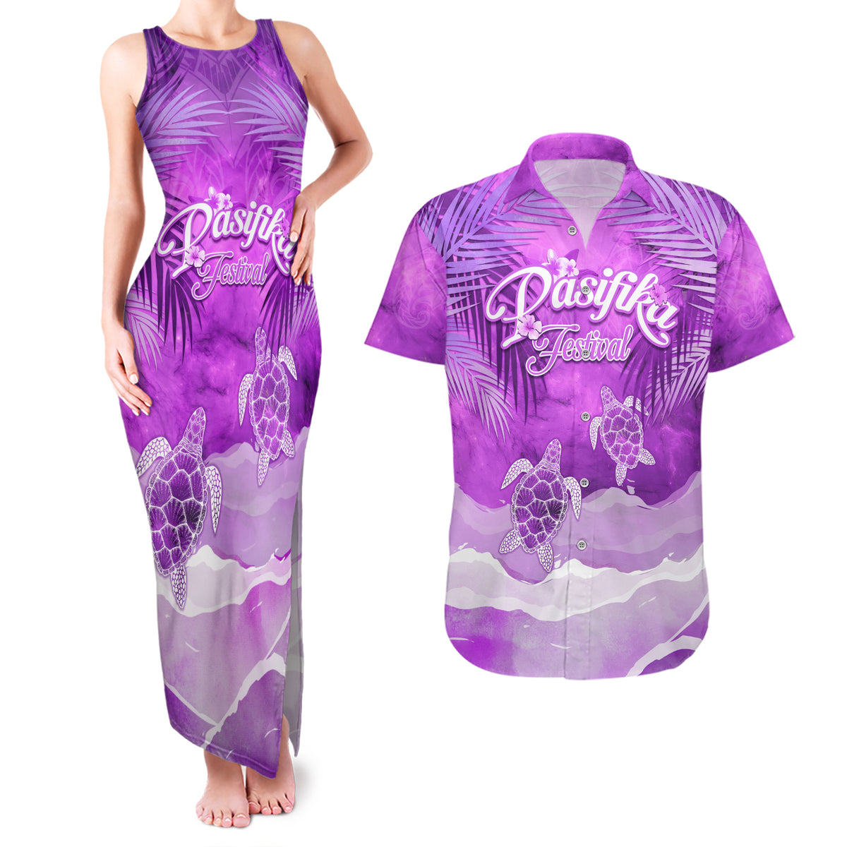 Personalised Pasifika Festival Couples Matching Tank Maxi Dress and Hawaiian Shirt Violet Tropical Turtle LT05 Violet - Polynesian Pride