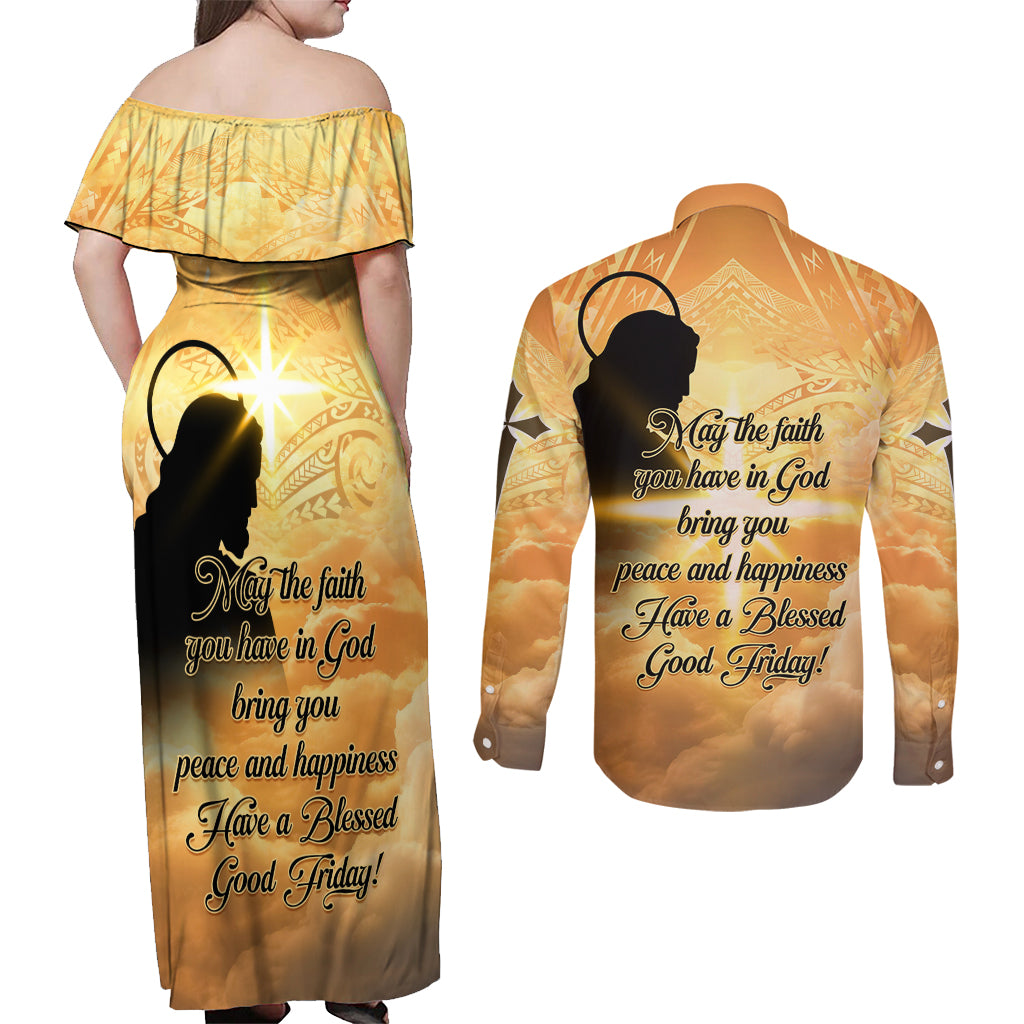 Happy Good Friday Couples Matching Off Shoulder Maxi Dress and Long Sleeve Button Shirt God Will Bless You LT05 - Polynesian Pride
