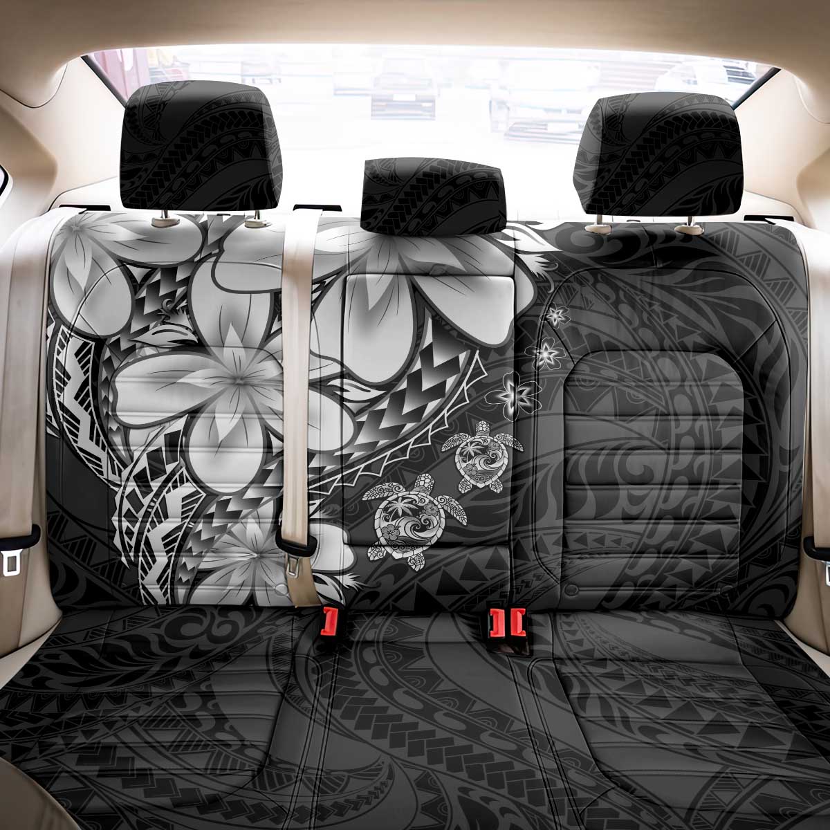 Polynesia Romantic Valentine Back Car Seat Cover Sea Turtle Couple With Black Plumeria