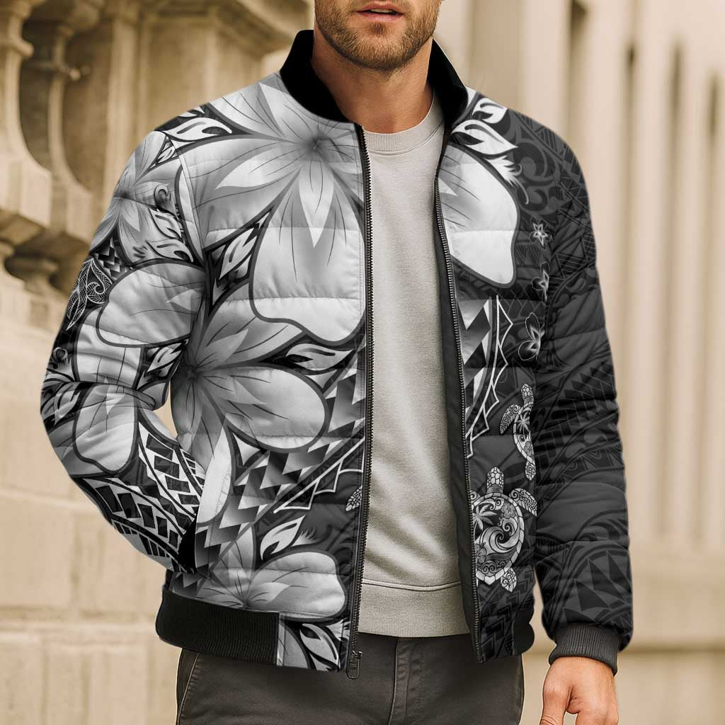Polynesia Romantic Valentine Bomber Puffer Jacket Sea Turtle Couple With Black Plumeria