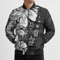 Polynesia Romantic Valentine Bomber Puffer Jacket Sea Turtle Couple With Black Plumeria