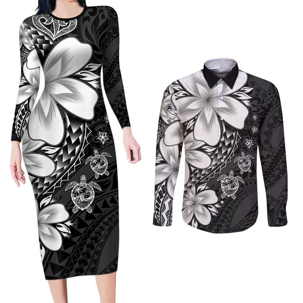 Polynesia Romantic Valentine Couples Matching Long Sleeve Bodycon Dress and Long Sleeve Button Shirt Sea Turtle Couple With Black Plumeria