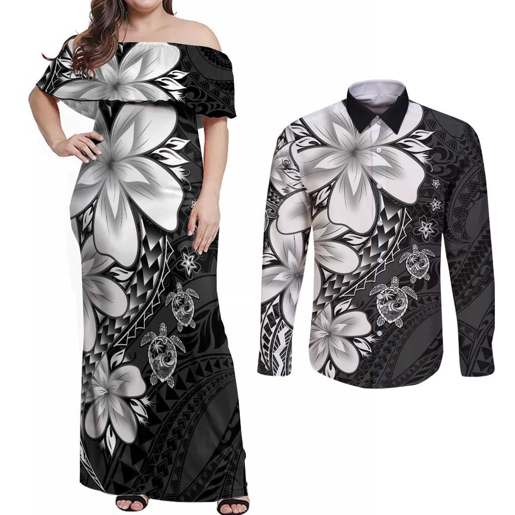 Polynesia Romantic Valentine Couples Matching Off Shoulder Maxi Dress and Long Sleeve Button Shirt Sea Turtle Couple With Black Plumeria