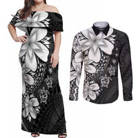 Polynesia Romantic Valentine Couples Matching Off Shoulder Maxi Dress and Long Sleeve Button Shirt Sea Turtle Couple With Black Plumeria