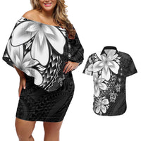 Polynesia Romantic Valentine Couples Matching Off Shoulder Short Dress and Hawaiian Shirt Sea Turtle Couple With Black Plumeria LT05 Black - Polynesian Pride