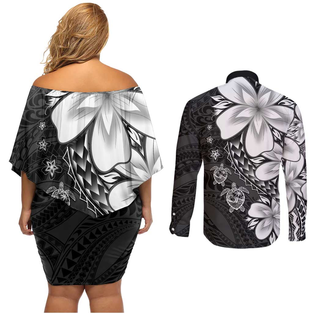 Polynesia Romantic Valentine Couples Matching Off Shoulder Short Dress and Long Sleeve Button Shirt Sea Turtle Couple With Black Plumeria