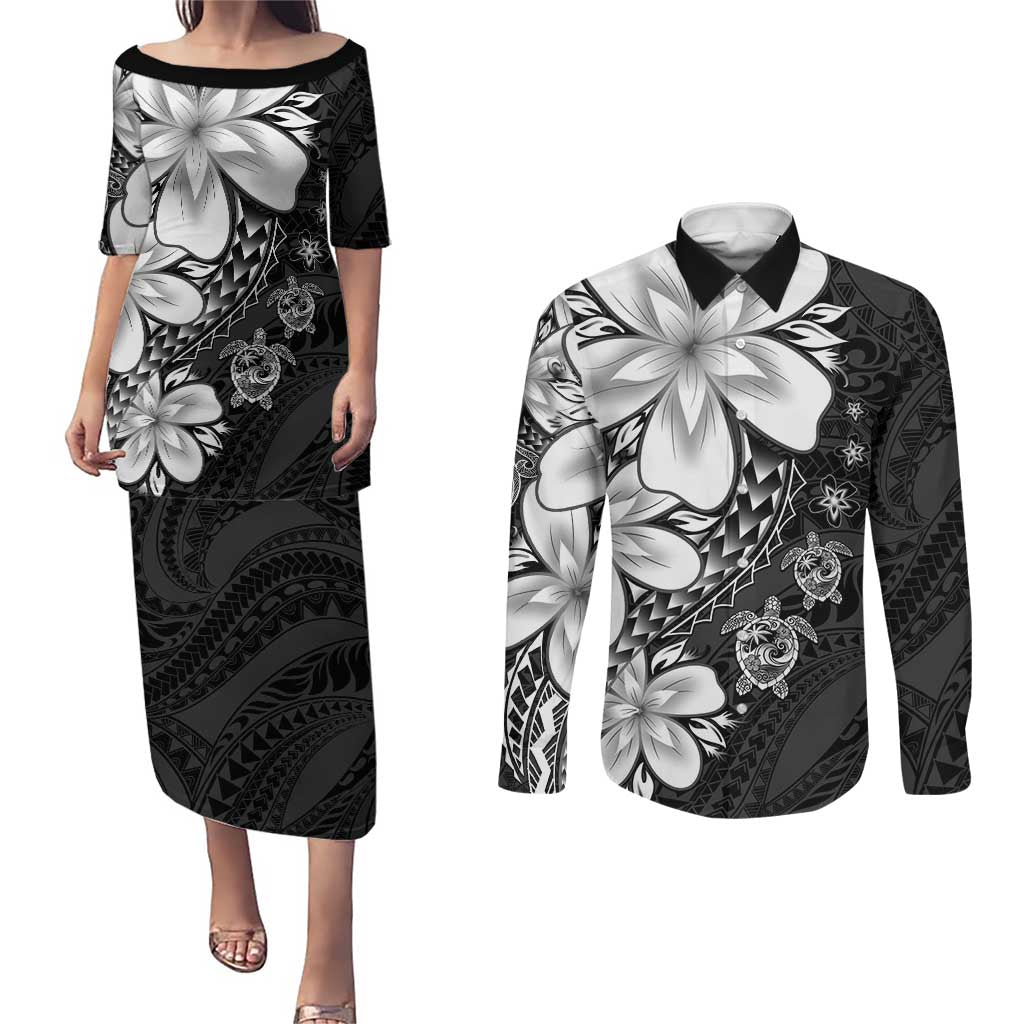 Polynesia Romantic Valentine Couples Matching Puletasi and Long Sleeve Button Shirt Sea Turtle Couple With Black Plumeria