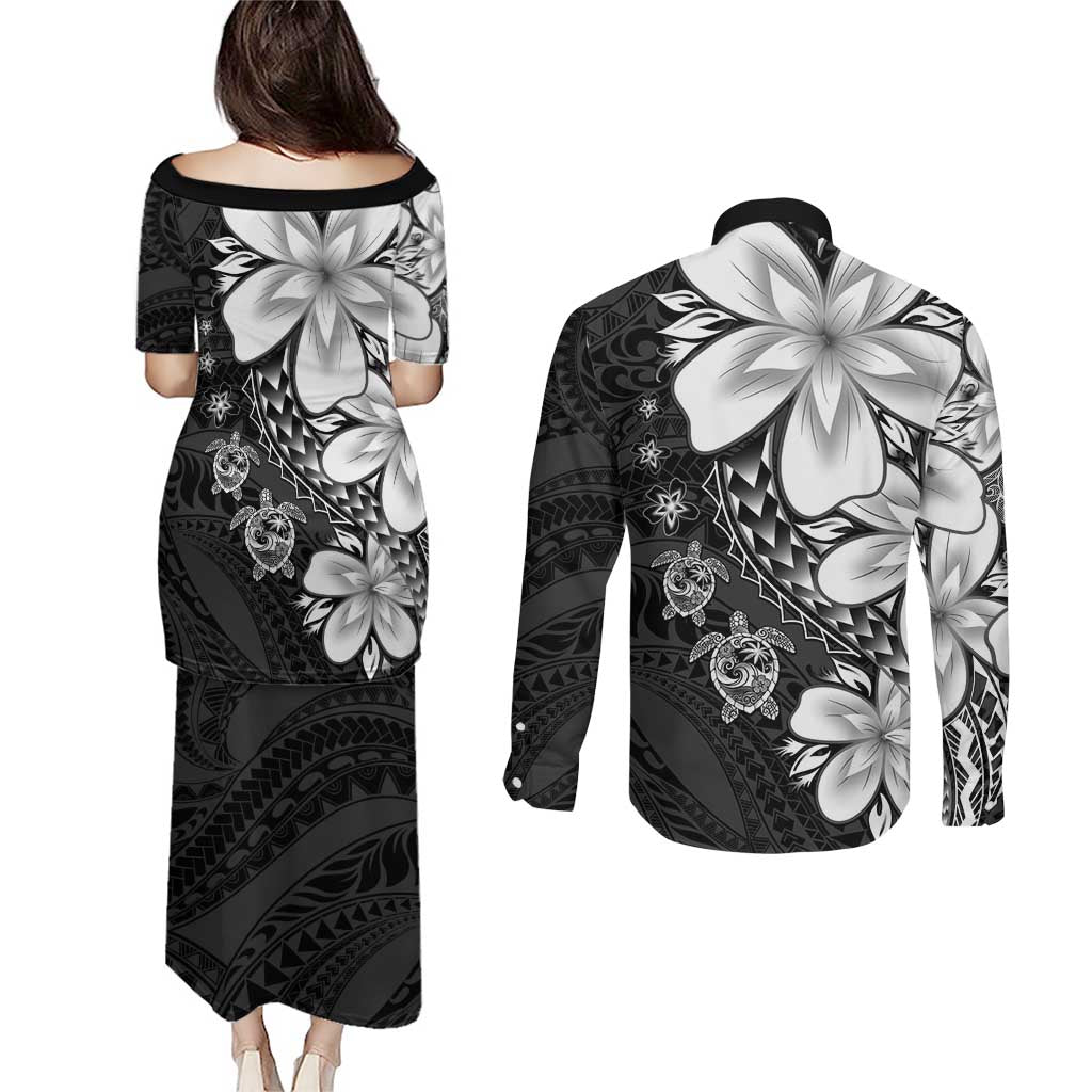 Polynesia Romantic Valentine Couples Matching Puletasi and Long Sleeve Button Shirt Sea Turtle Couple With Black Plumeria