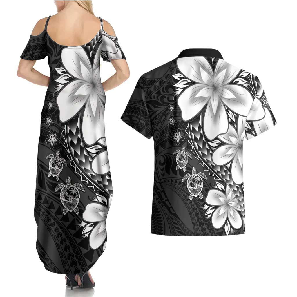 Polynesia Romantic Valentine Couples Matching Summer Maxi Dress and Hawaiian Shirt Sea Turtle Couple With Black Plumeria