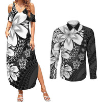 Polynesia Romantic Valentine Couples Matching Summer Maxi Dress and Long Sleeve Button Shirt Sea Turtle Couple With Black Plumeria