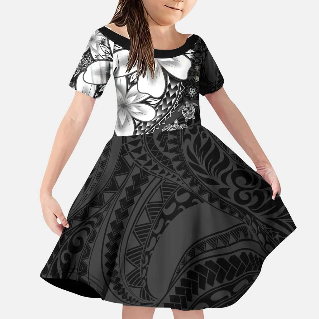 Polynesia Romantic Valentine Family Matching Mermaid Dress and Hawaiian Shirt Sea Turtle Couple With Black Plumeria LT05 Daughter's Dress Black - Polynesian Pride