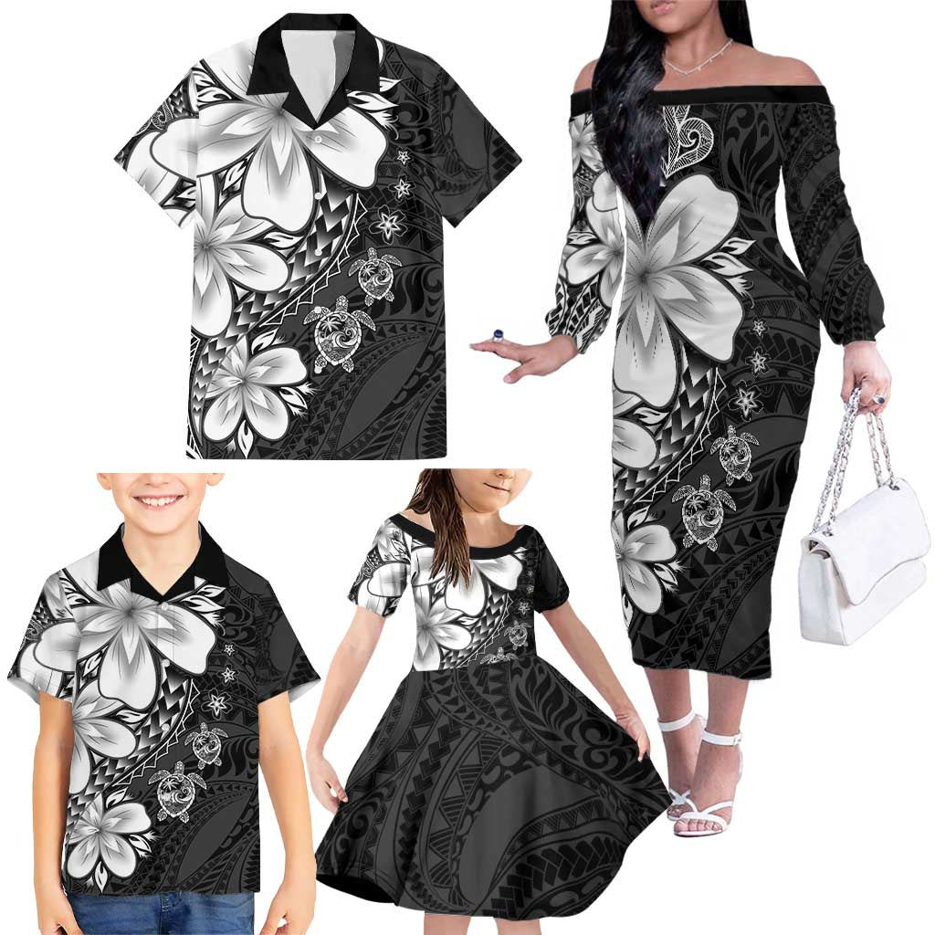 Polynesia Romantic Valentine Family Matching Off The Shoulder Long Sleeve Dress and Hawaiian Shirt Sea Turtle Couple With Black Plumeria